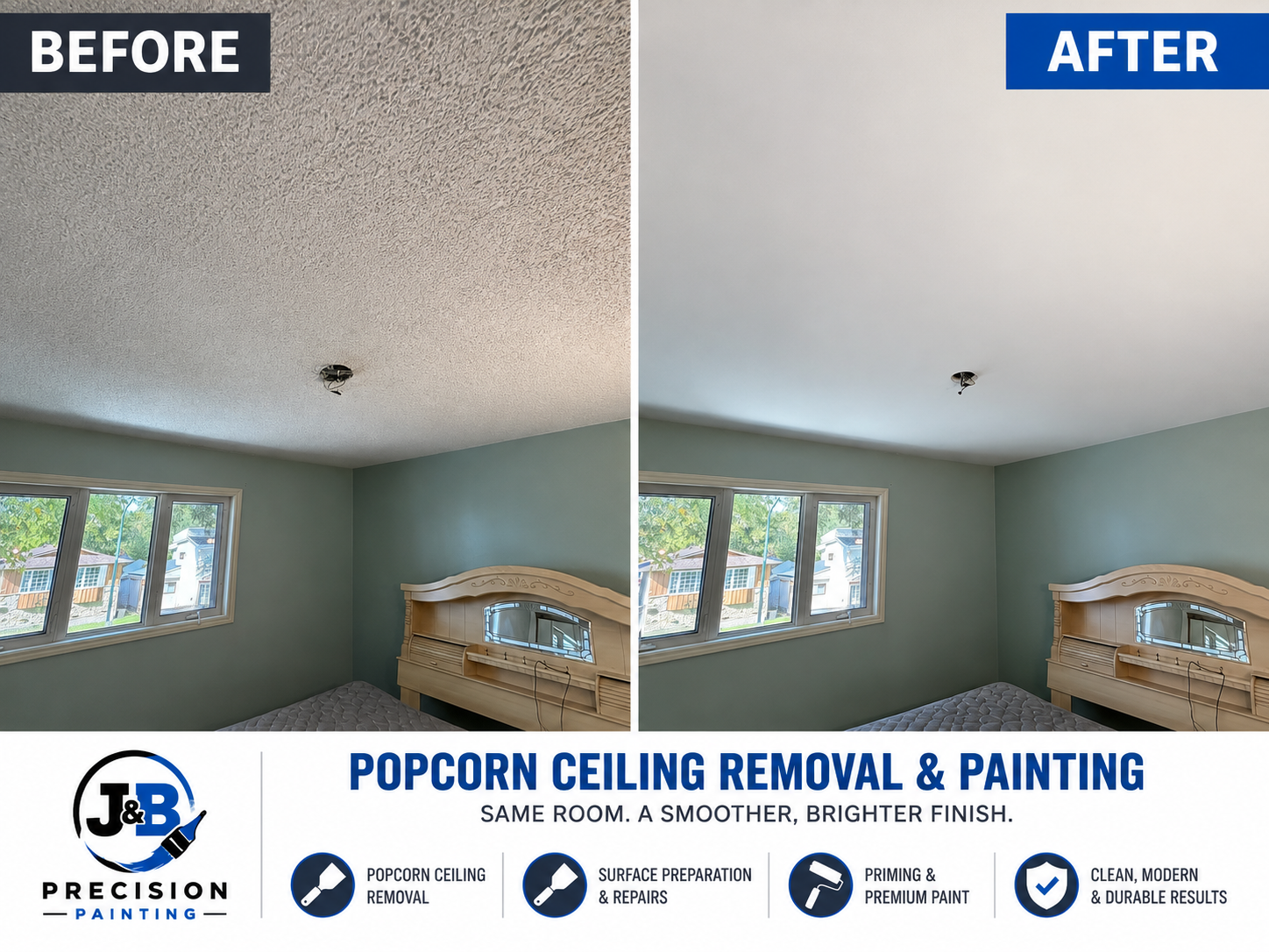 Popcorn ceiling removal before and after – bedroom project 1