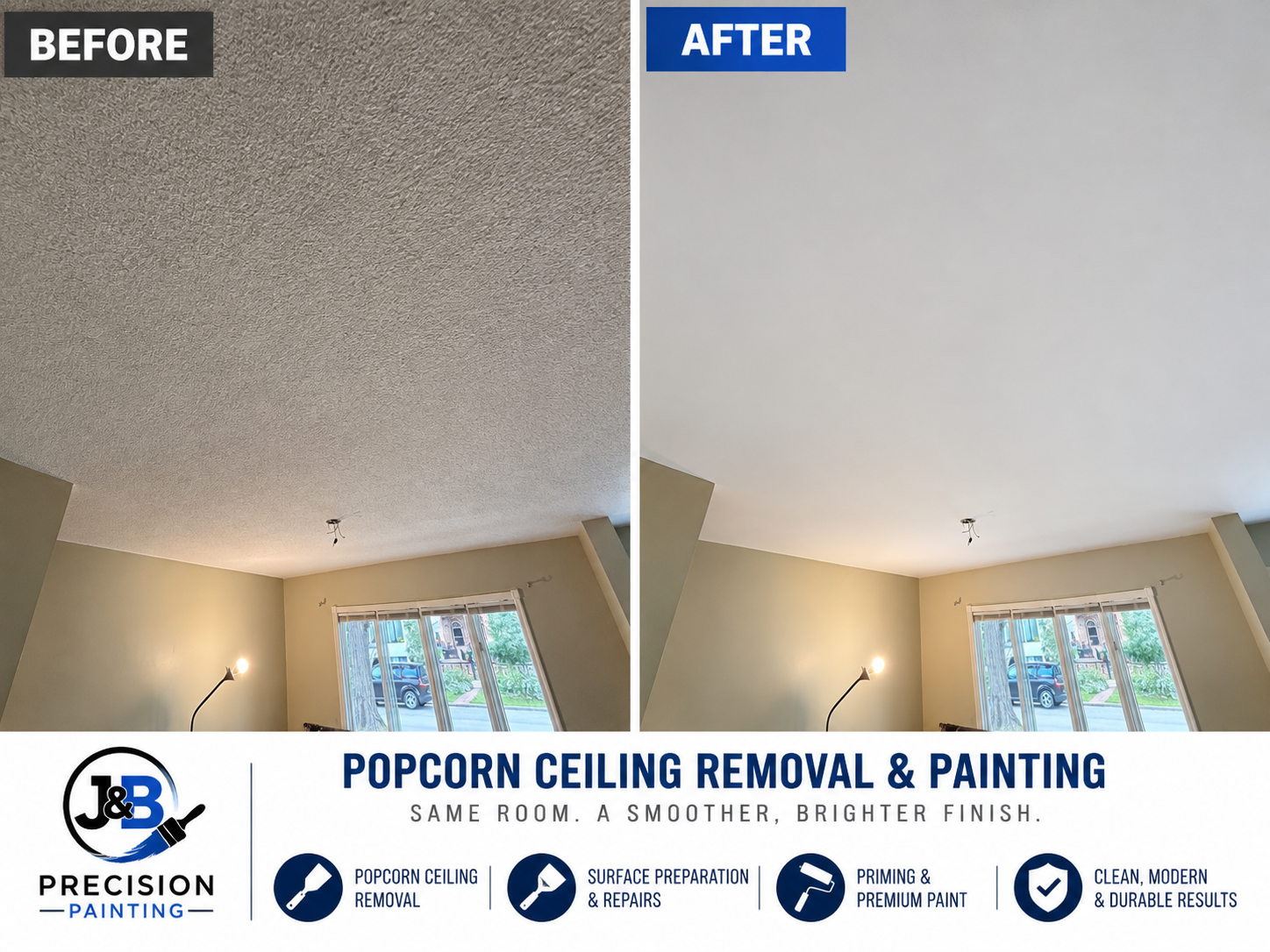 Popcorn ceiling removal before and after – living room project